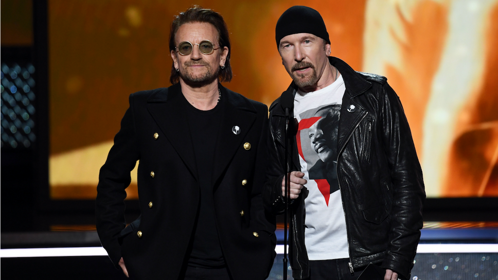 Recording artists Bono and The Edge of U2 speak onstage during the 60th Annual GRAMMY Awards at Madison Square Garden on January 28, 2018 in New York City.