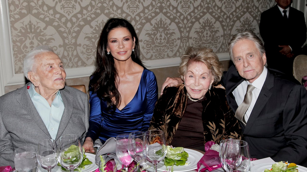 Kirk Douglas, Catherine Zeta-Jones, Anne Douglas, and Michael Douglas attend the Los Angeles Mission Legacy of Vision Gala at Four Seasons Hotel Los Angeles at Beverly Hills on November 9, 2017 in Los Angeles, California.