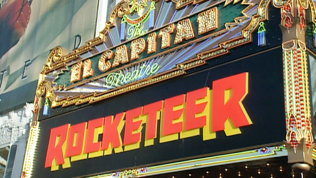 The Rocketeer seen on the El Capitan's marquee.