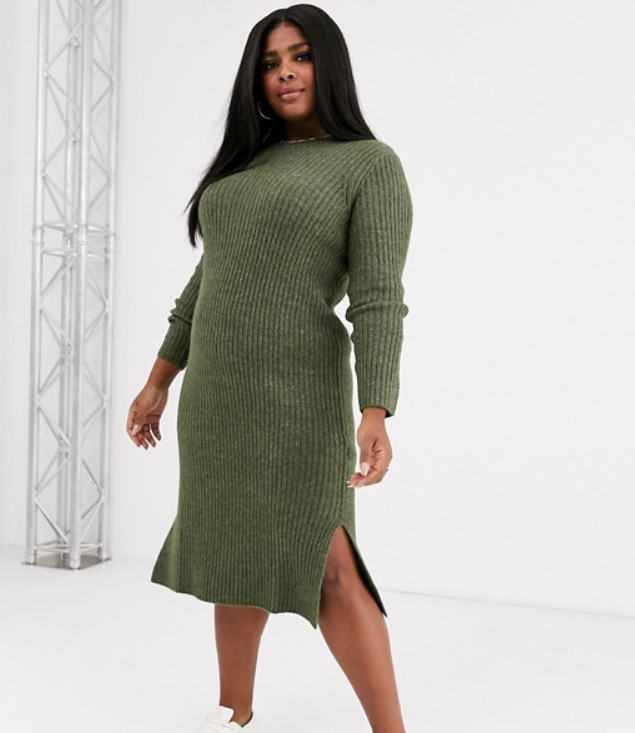 Vero Moda Curve Knitted Midi Dress with Side Split in Khaki 