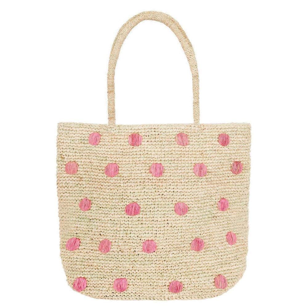 15" Polka Dot Embroidered Raffia Tote Bag - Light Pink, Blush