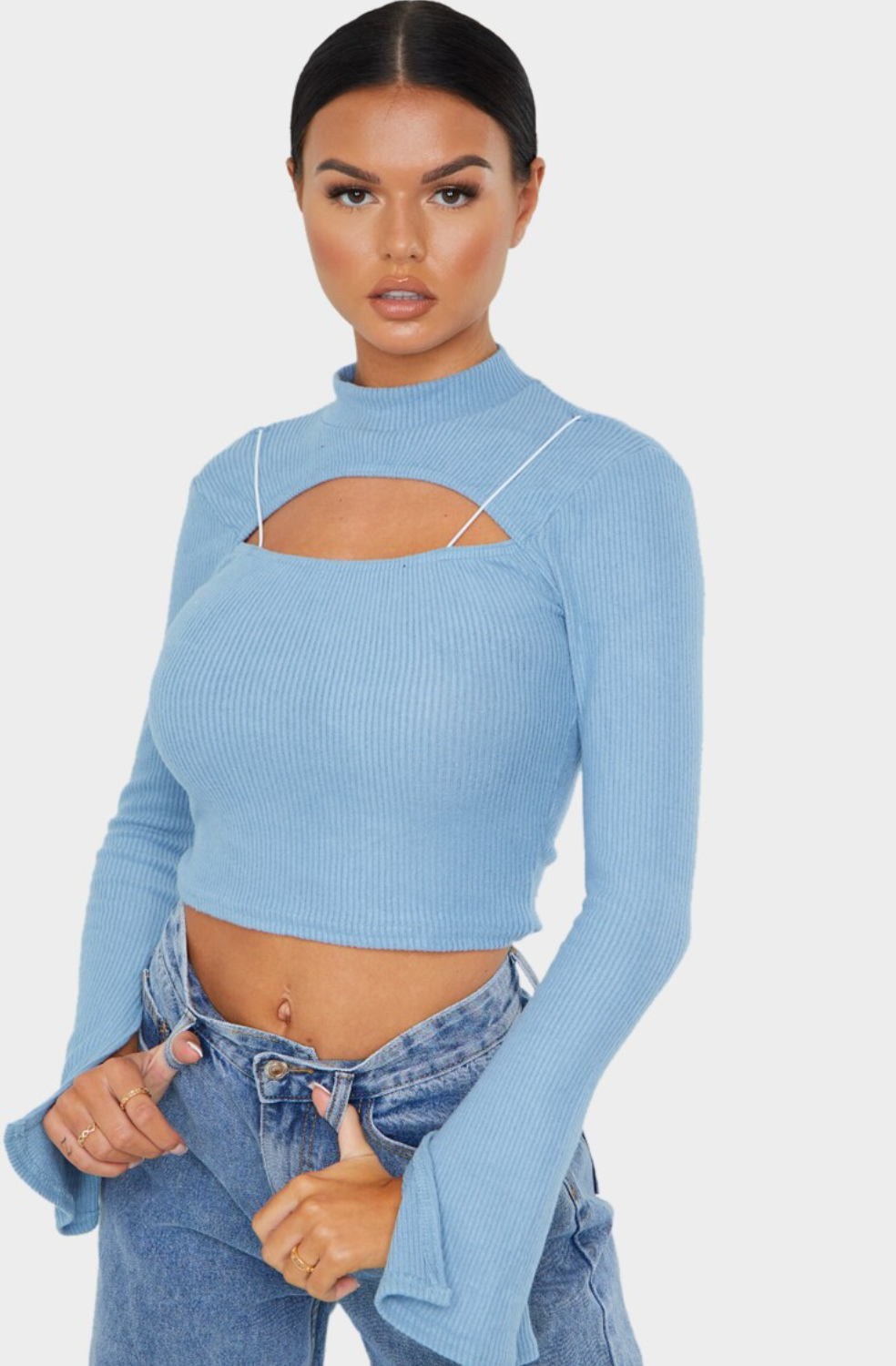 Dusty Blue Brushed Rib Cut Out Elastic Long Sleeve Top
