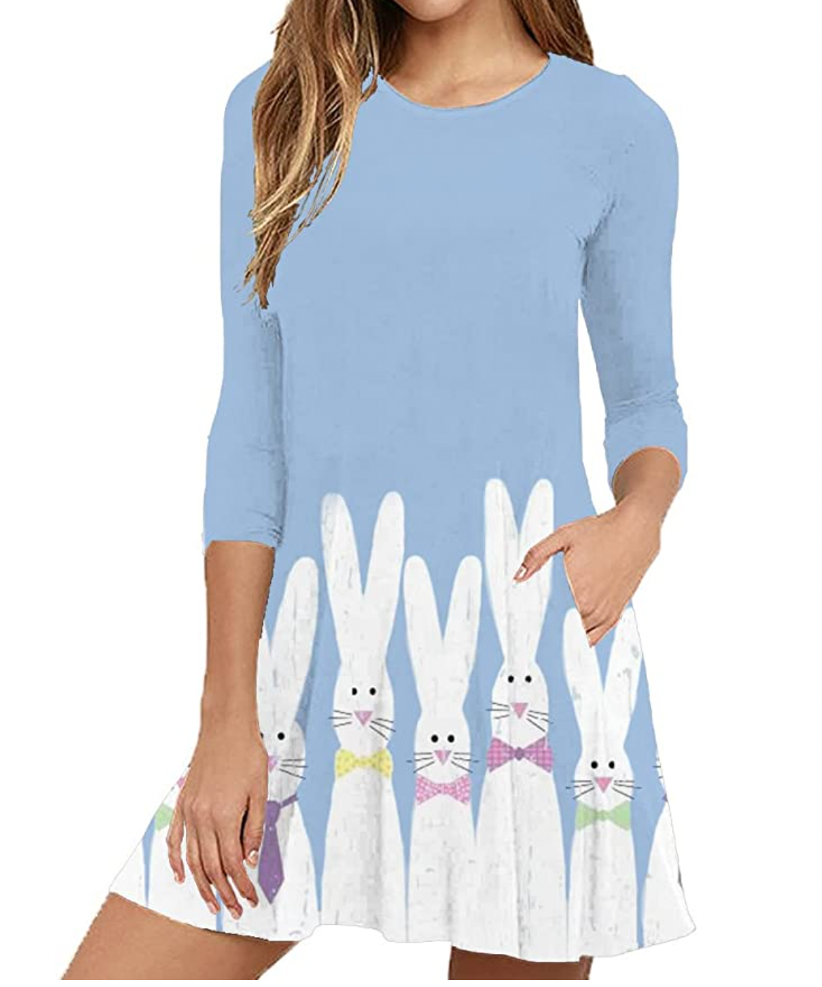 Easter Day Women's Blue Bunny Rabbit Long Sleeve Casual Printed Christian T-Shirt Tunic Dress
