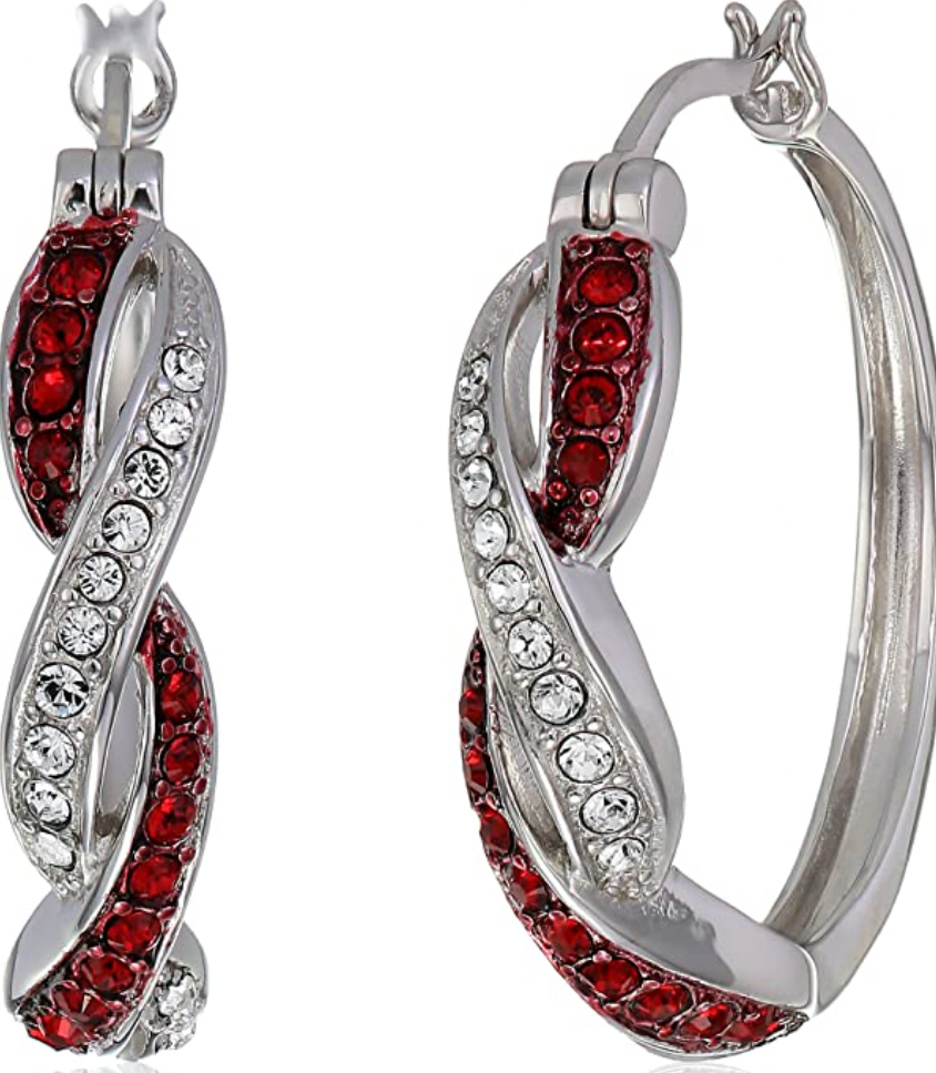 Sterling Silver Ruby-Colored and White Swarovski Crystal Twisted Hoop Earrings