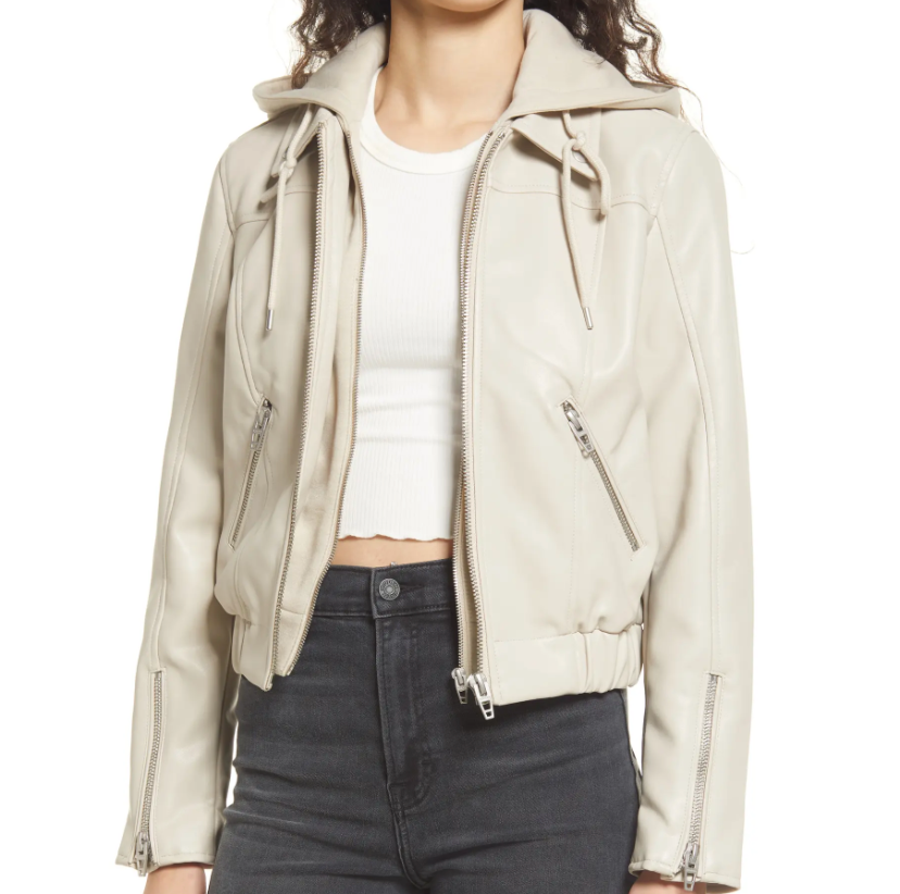BlankNYC Faux Leather Bomber Jacket with Removable Hood