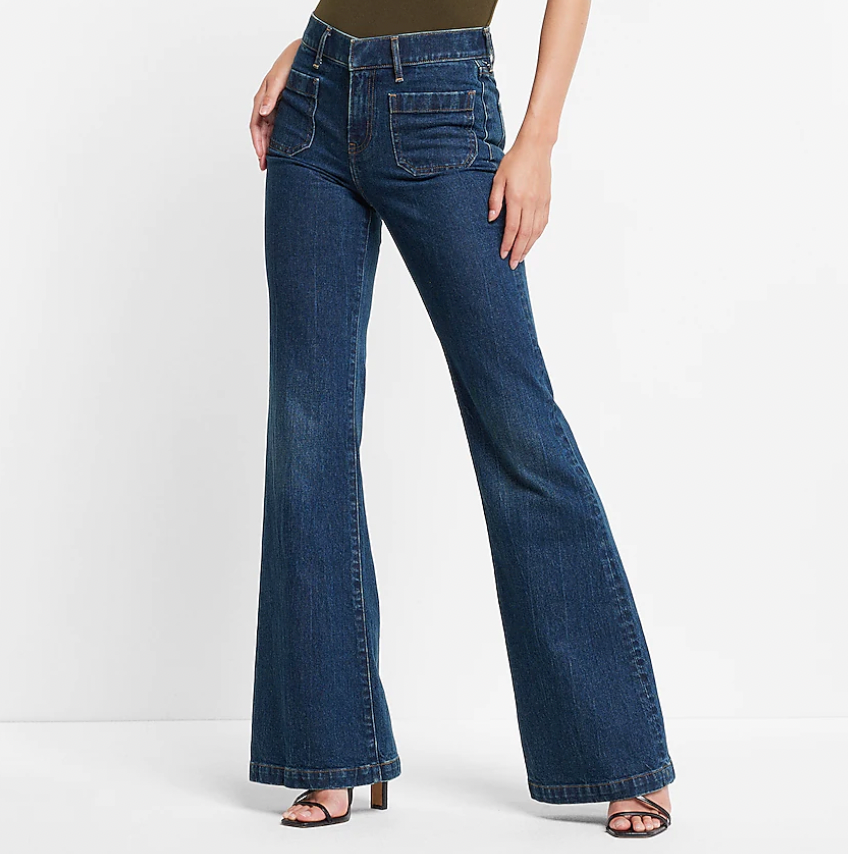 Mid Rise Dark Wash Patch Pocket 70s Flare Jeans