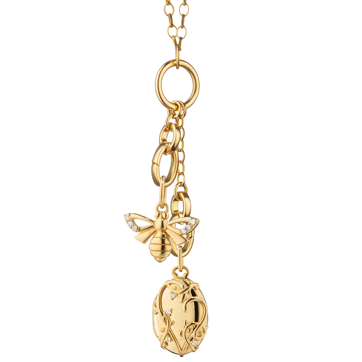 The “Wisteria” Locket and “Bee” 18K Gold Charm Necklace