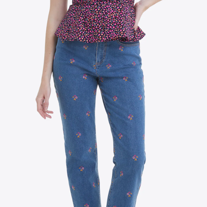Kick Flare Jeans in Embroidered Posy