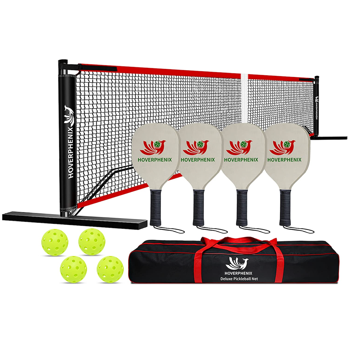 Hoverphenix Pickleball Net with 4 Paddles and Balls