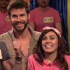 Alex Moffat as Chris Hemsworth and Miley Cyrus as Amanda are joined by Liam Hemsworth on 'SNL'