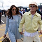 Actor Brad Pitt and girlfriend Ines De Ramon walk in the paddock during the F1 Grand Prix of Great Britain at Silverstone Circuit on July 7, 2024 in Northampton, United Kingdom