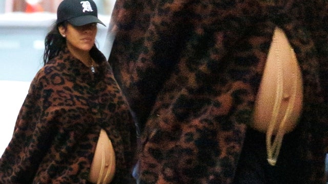 Rihanna Rocks Leopard Coat Baring her Baby Bump 