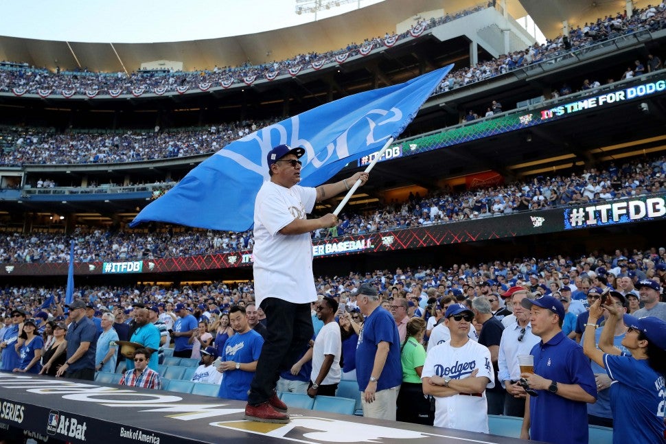 George Lopez at Dodger Stadium during Game 1 of the World Series