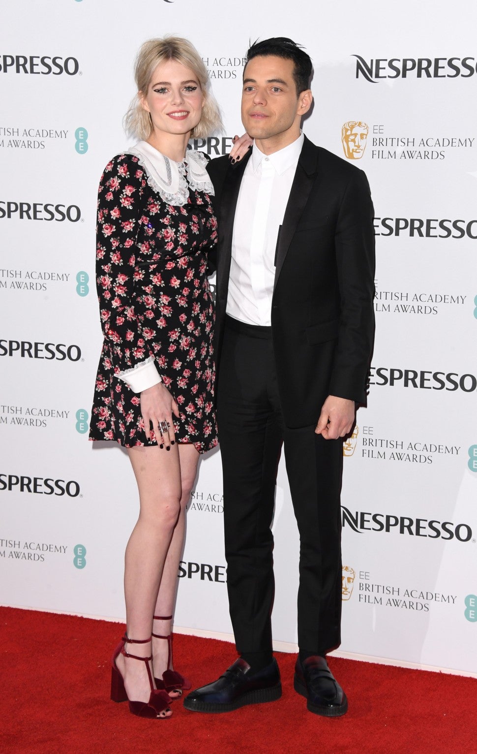 Lucy Boynton and Rami Malek attend the Nespresso British Academy Film Awards nominees party at Kensington Palace on February 9, 2019 in London, England.