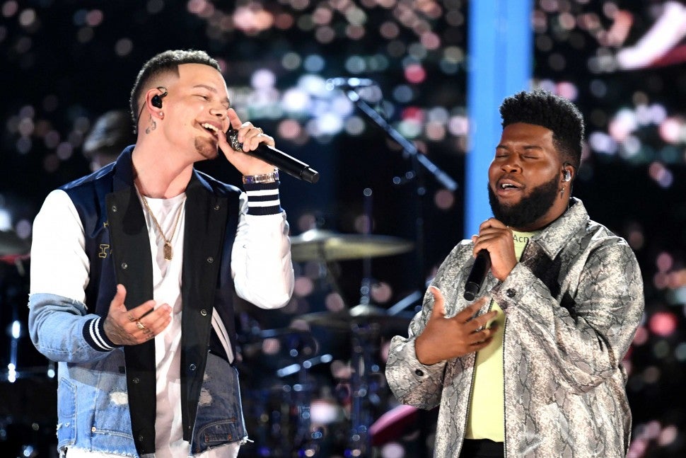 Kane Brown and Khalid perform onstage during the 54th Academy Of Country Music Awards on April 7