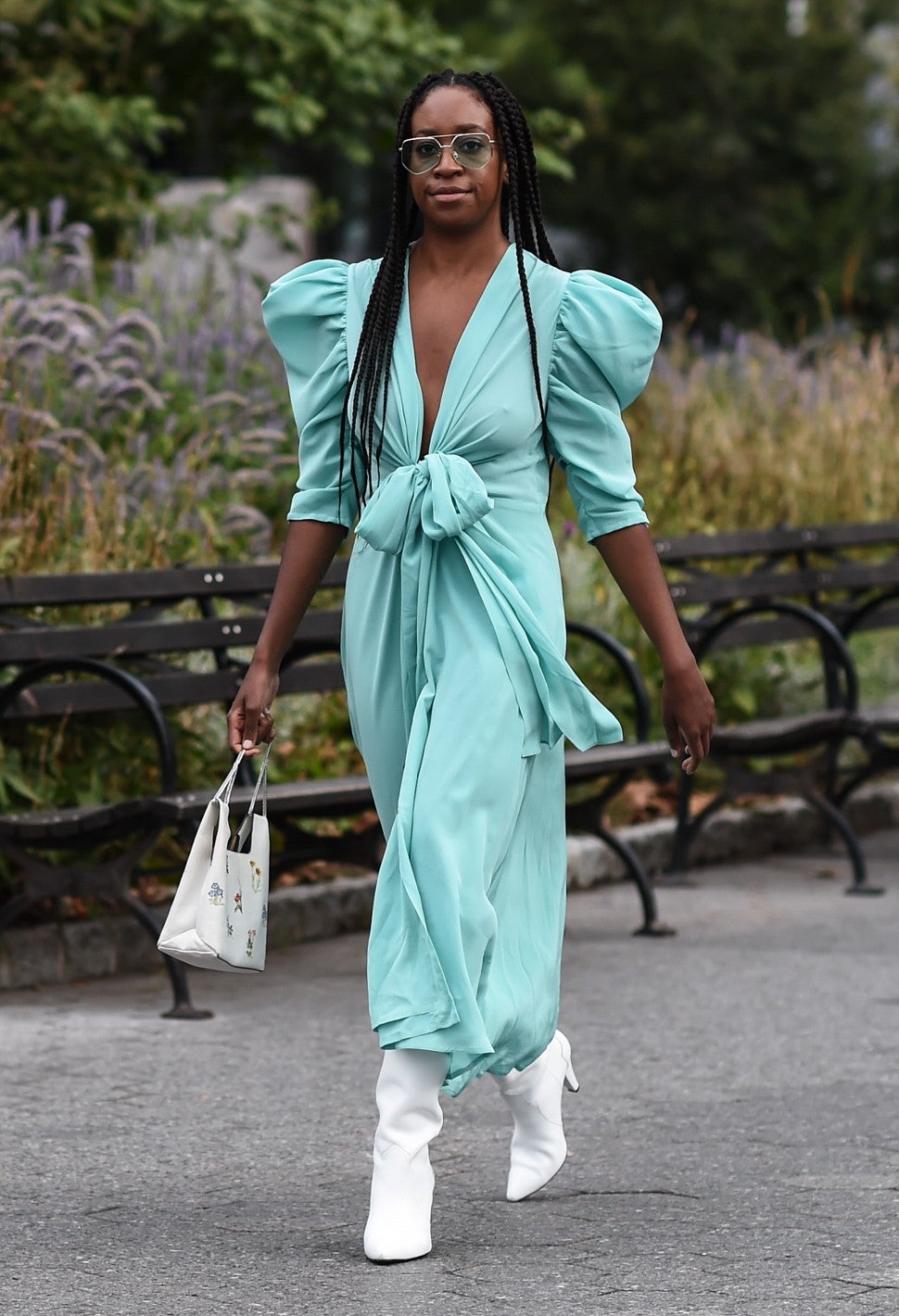 light blue statement sleeve dress NYFW street style