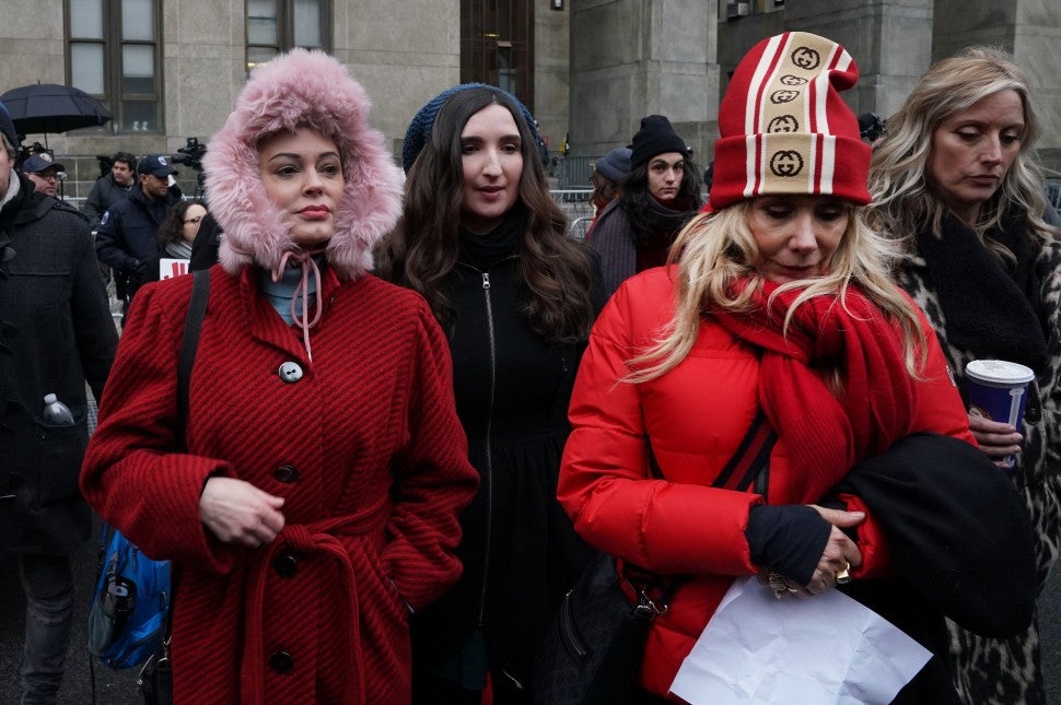 Rose McGowan and Rosanna Arquette arrive for a press conference, after Harvey Weinstein arrived at State Supreme Court in Manhattan January 6, 2020 on the first day of his criminal trial on charges of rape and sexual assault in New York City.