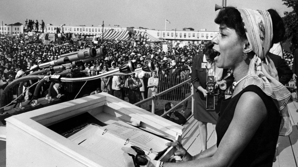 Actress Ruby Dee giving a reading at Martin Luther King Jr.'s 1963 March on Washington in Washington, DC on August 28, 1963. 