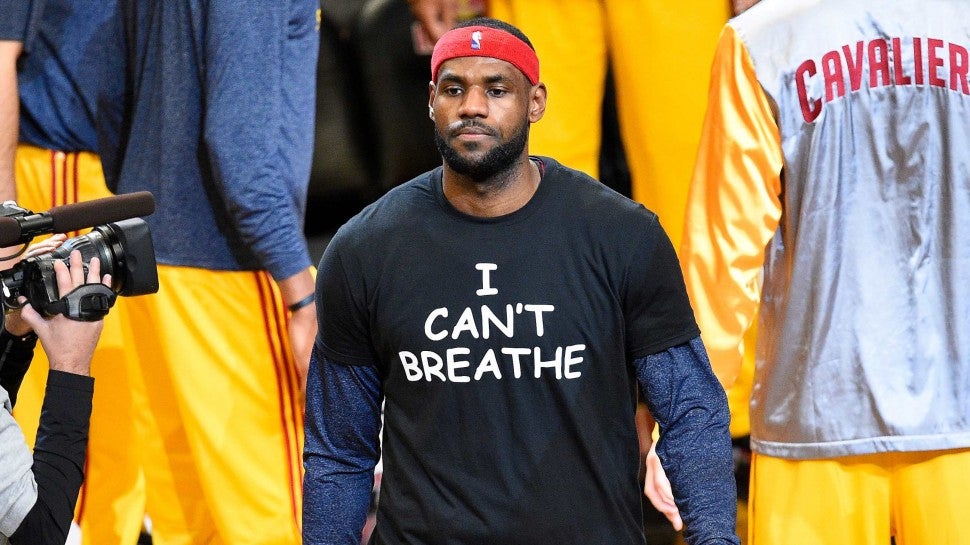Cleveland Cavaliers forward LeBron James (23) wears a t shirt to honor Eric Garner as the team is introduced during a NBA game between the Cleveland Cavaliers and the Brooklyn Nets at Barclays Center in Brooklyn, NY The Cleveland Cavaliers defeated the Brooklyn Nets 110-88.