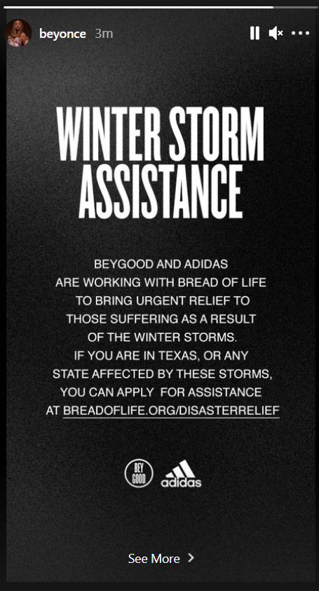 Beyoncé shares winter storm assistance aid site 