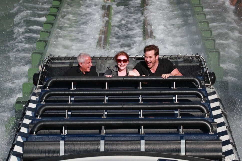Ron Meyer, Bryce Dallas Howard and Chris Pratt (showing his 'fear face'). 