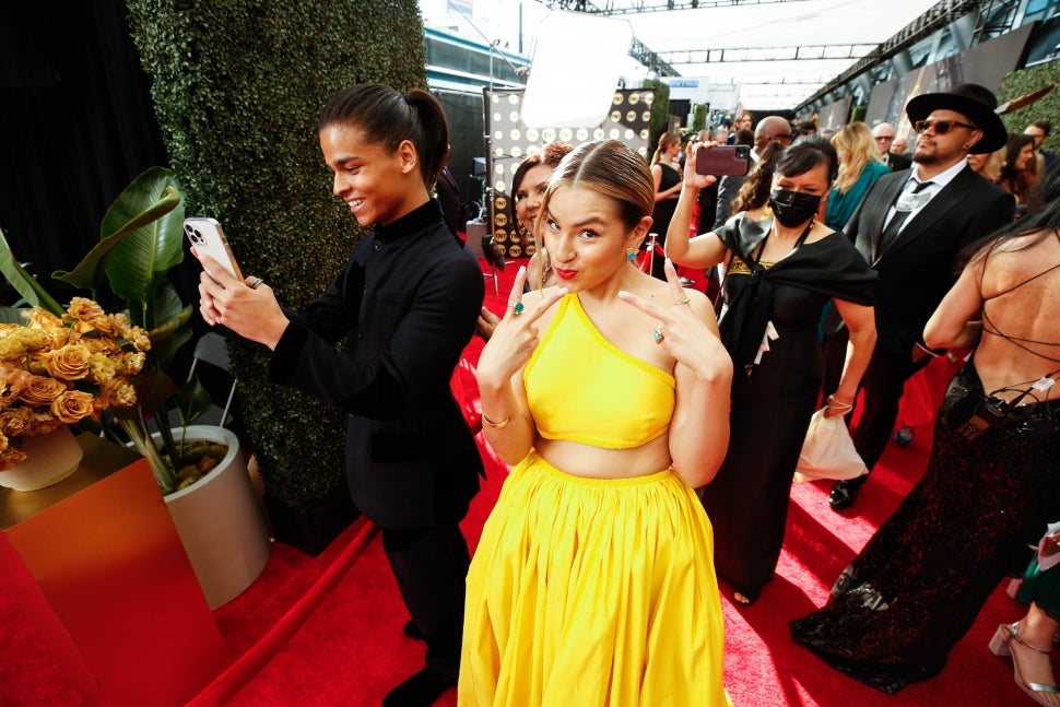 Paulina Alexis gestures on the red carpet at the 73rd Primetime Emmy Awards