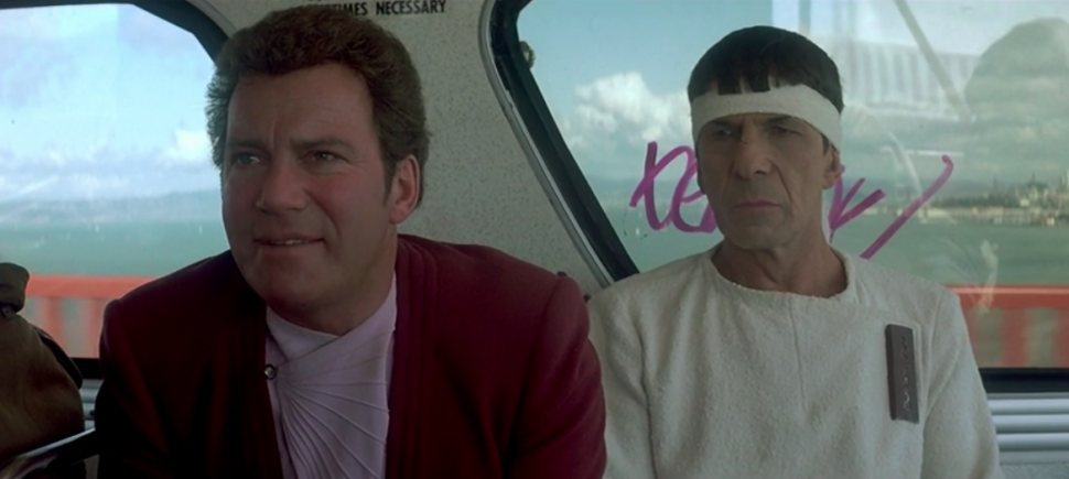 William Shatner and Leonard Nimoy on the bus in 'Star Trek IV: The Voyage Home.'