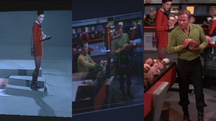 (Left) Terry Farrell filming 'Star Trek.' (Middle) Visual effects computer. (Right) William Shatner and Farrell in 'Star Trek.'