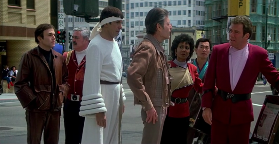 The Enterprise crew stand at a San Francisco intersection in 'Star Trek IV: The Voyage Home.'