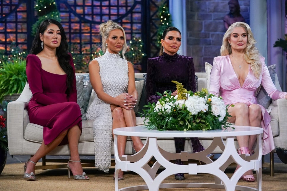 Crystal Kung Minkoff, Dorit Kemsley, Lisa Rinna and Erika Jayne sit for The Real Housewives of Beverly Hills' season 11 reunion taping.