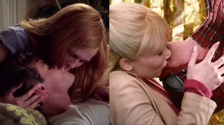 Left: Dunst kisses her fiance in Spider-Man 2. Right: Howard kisses Spider-Man in Spider-Man 3.