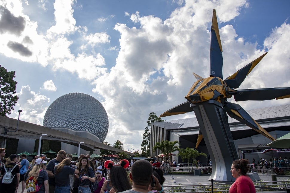 Guardians of the Galaxy: Cosmic Rewind entrance with Spaceship Earth in the background.