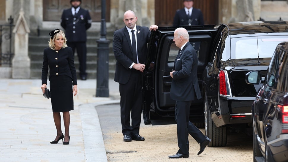 Joe Biden and his wife, Jill Biden arrive for the State Funeral of Queen Elizabeth II at Westminster Abbey on September 19, 2022 in London, England. 