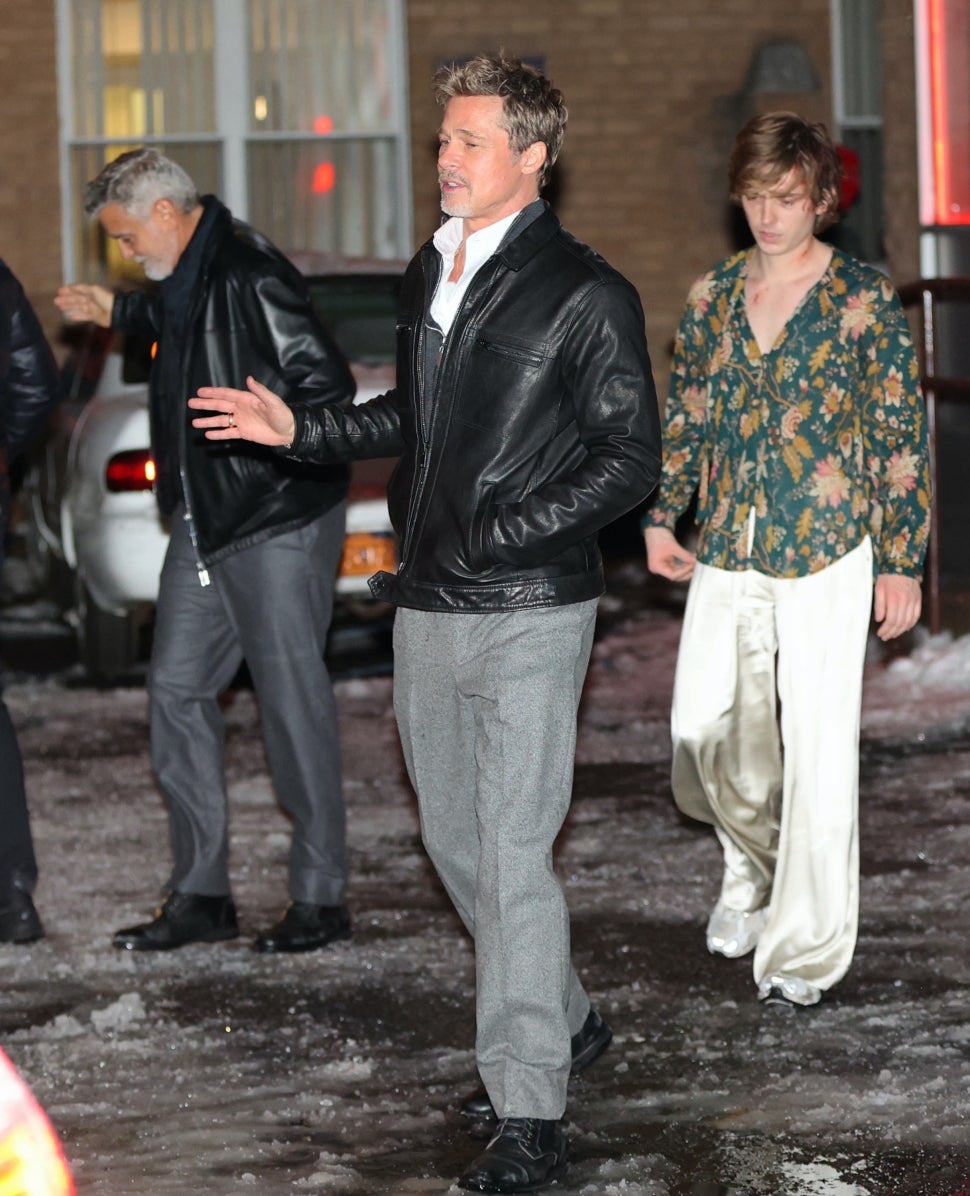 George Clooney and Brad Pitt match on the set of 'Wolves' in NYC