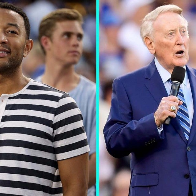John Legend and Vin Scully at Game 2 of the World Series at Dodger Stadium