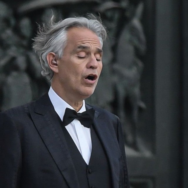 Italian tenor and opera singer Andrea Bocelli sings during a rehearsal on a deserted Piazza del Duomo in central Milan on April 12, 2020