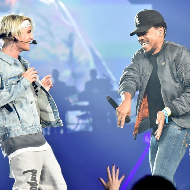 Recording artist Justin Bieber (L) and Chance The Rapper perform at the 2016 Purpose World Tour at Staples Center on March 20, 2016 in Los Angeles, California. 