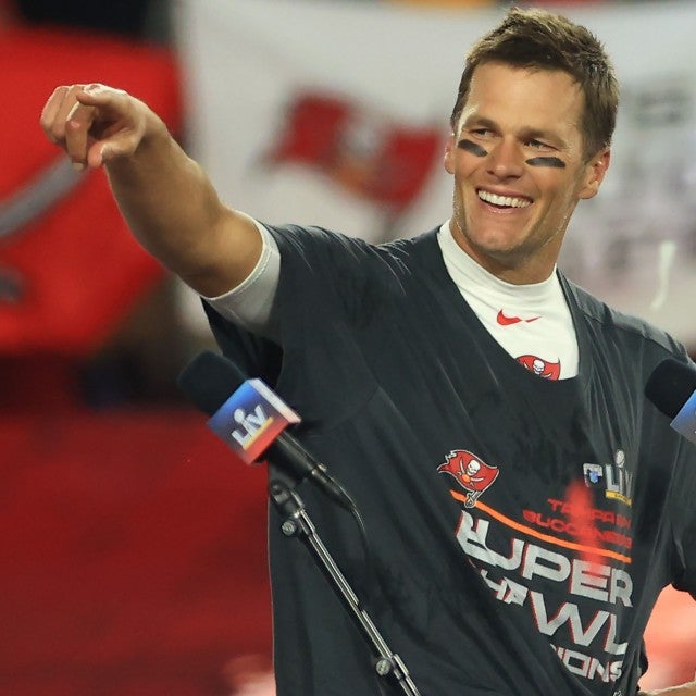 Tom Brady #12 of the Tampa Bay Buccaneers signals after winning Super Bowl LV at Raymond James Stadium on February 07, 2021 in Tampa, Florida. 