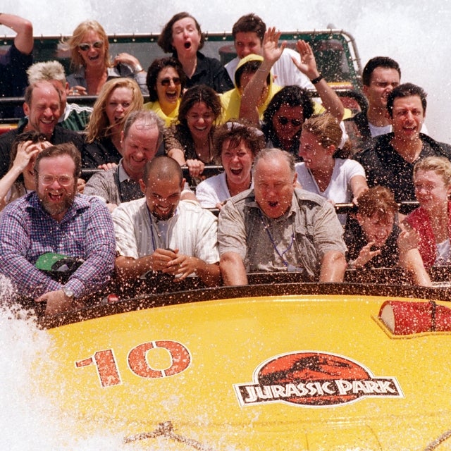 The cast of 'Jurassic Park' enjoying the ride's climatic splash down.