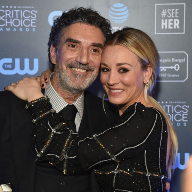 Chuck Lorre (L), winner of the Creative Achievement Award, and Kaley Cuoco attend the 24th annual Critics' Choice Awards at Barker Hangar on January 13, 2019 