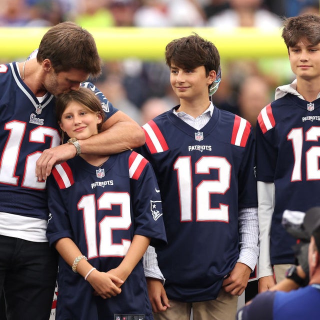 Former quarterback Tom Brady is honored by the New England Patriots at halftime of an NFL football game between the New England Patriots and the Philadelphia Eagles at Gillette Stadium on September 10, 2023 in Foxborough, Massachusetts. 