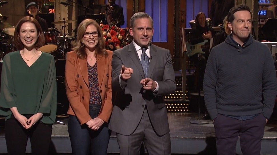 Steve Carell, Jenna Fischer, Ellie Kemper and Ed Helms have a mini 'Office' reunion on 'Saturday Night Live'