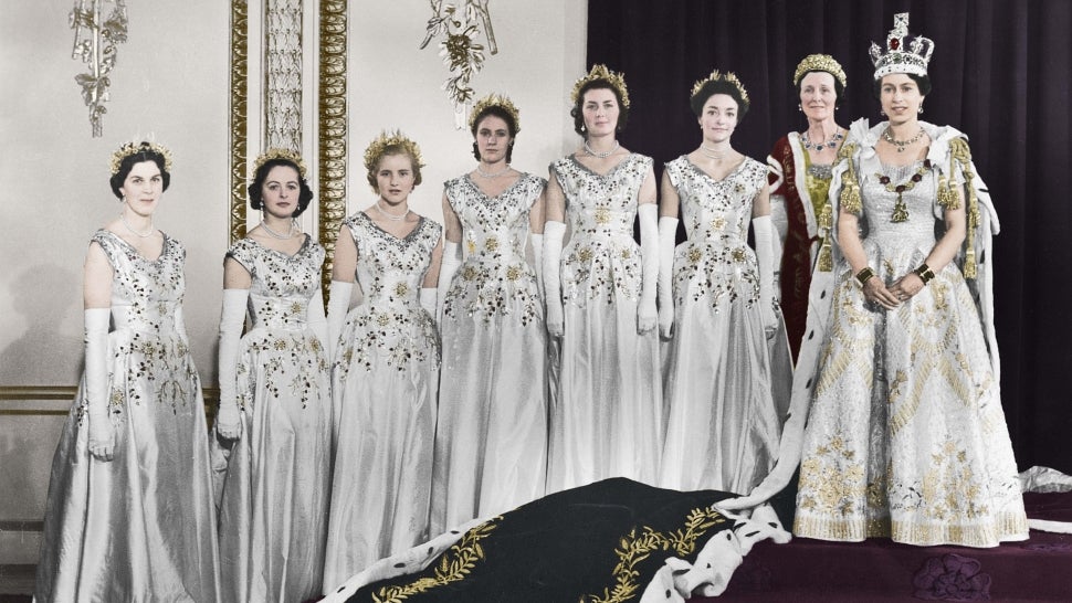 Queen Elizabeth II with her maids of honour, Green Drawing Room, Buckingham palace, 2nd June 1953. 